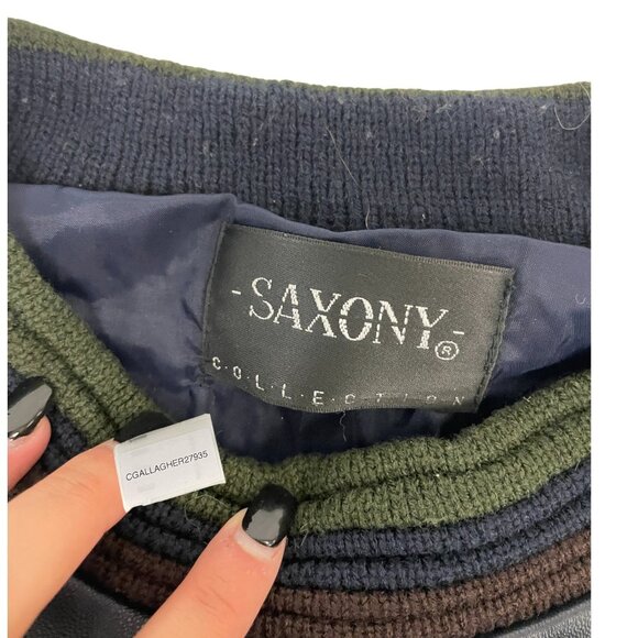 VTG Saxony Mens Sweater Jacket Size M Genuine Leather Acrylic Black Knit Hip Hop - Picture 3 of 9